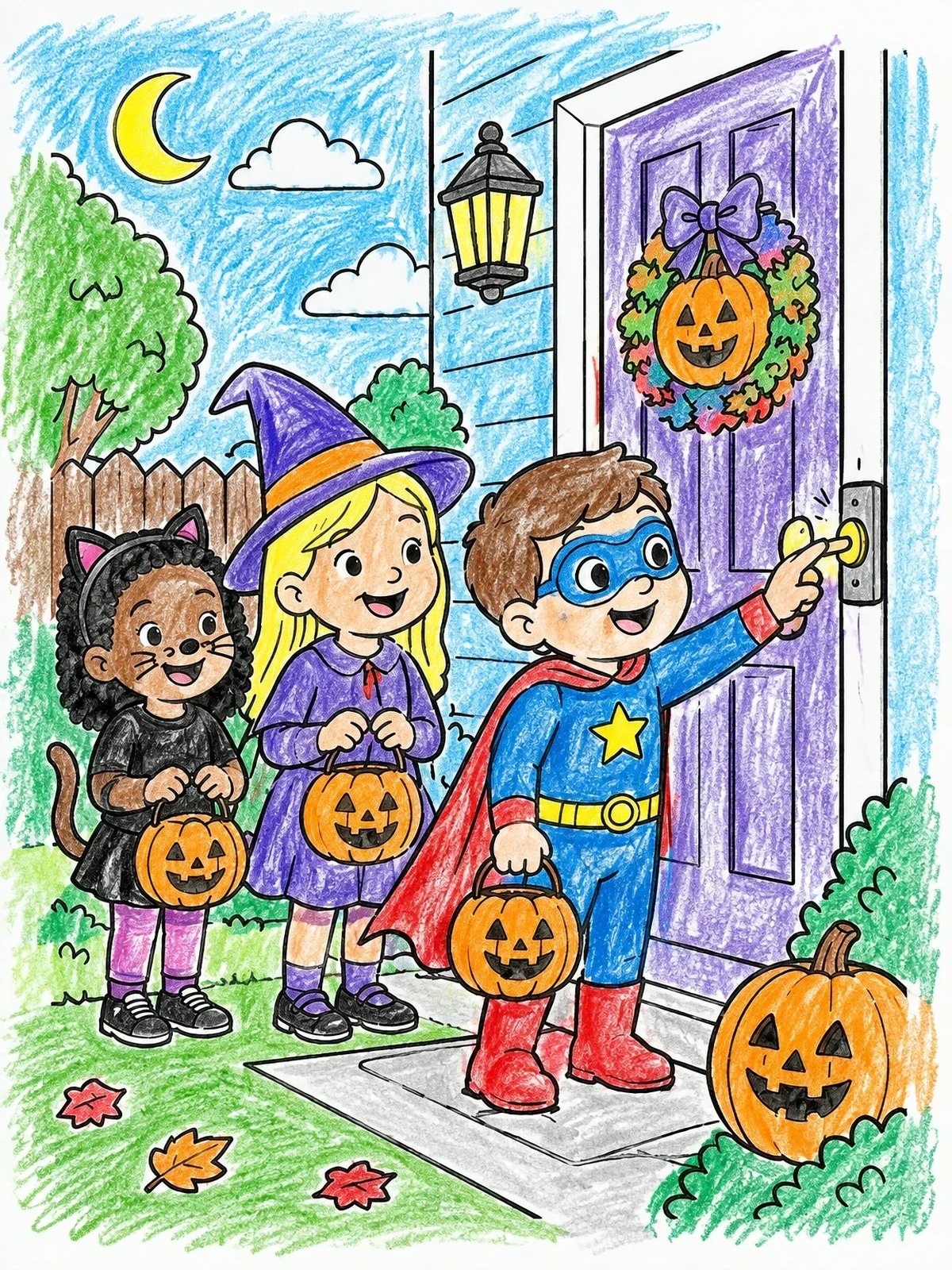 Colored example of the Trick Or Treating At The Front Door coloring page