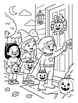 A halloween cartoon coloring page showing children in costumes ringing a front doorbell with pumpkin buckets.