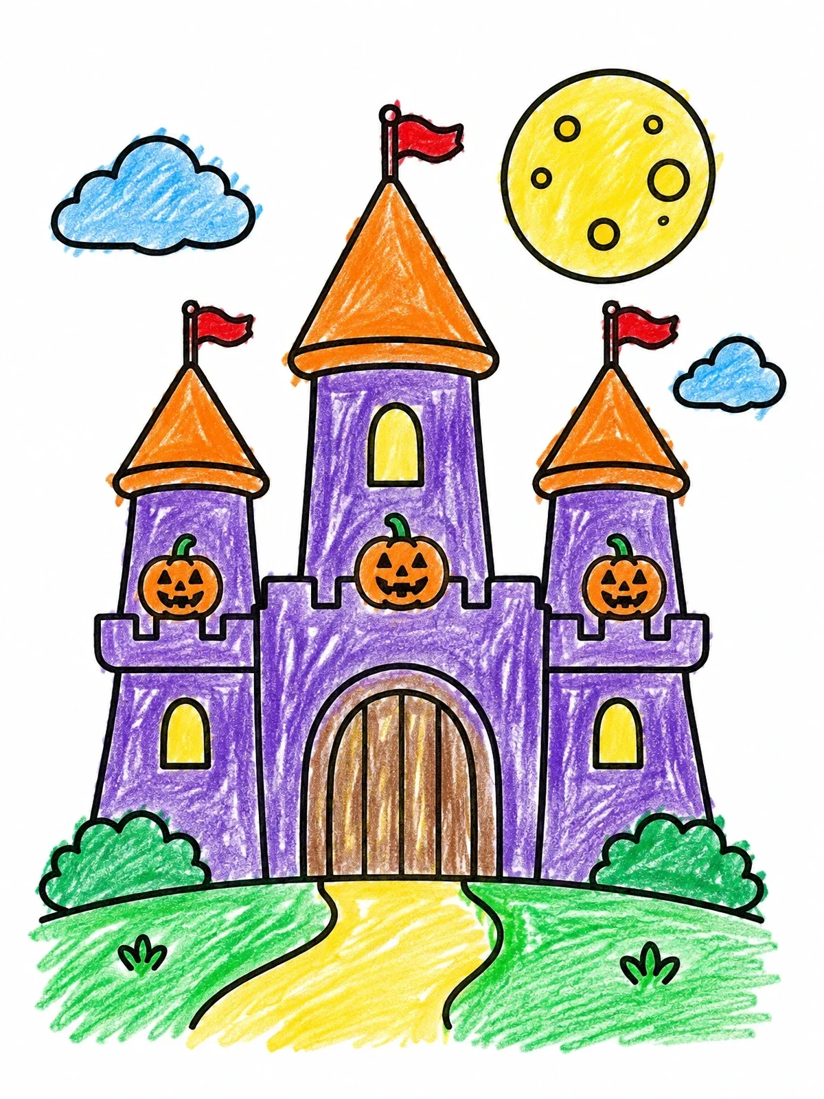 Colored example of the Halloween Castle With Smiling Pumpkins coloring page