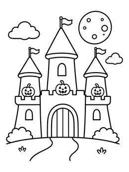 A friendly castle coloring page under a full moon with carved pumpkins.