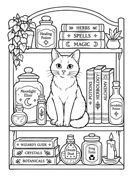 A magical halloween cat coloring page featuring a cat on a wooden shelf with spell books and potion jars.