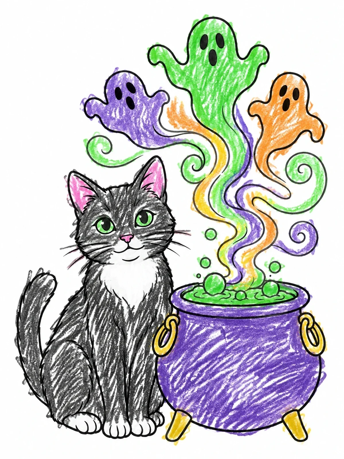 Colored example of the Cat With Bubbling Cauldron And Ghosts coloring page