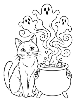 A halloween cat coloring page featuring a cute cat beside a smoking cauldron of ghost shapes.