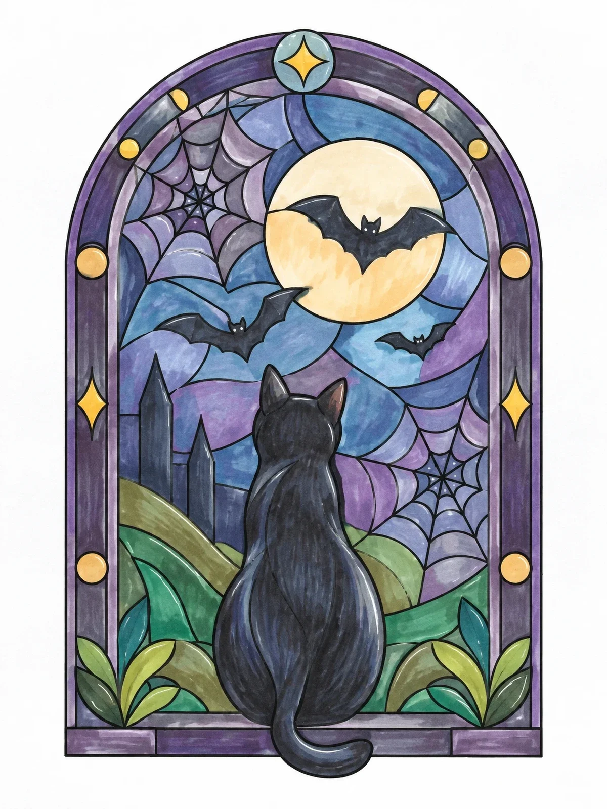 Colored example of the Cat Gazing At Gothic Moonlit Window coloring page