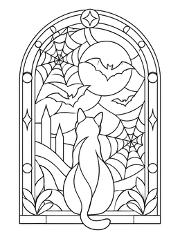 A halloween cat coloring page featuring a cat silhouette looking out an arched window at bats and moon.