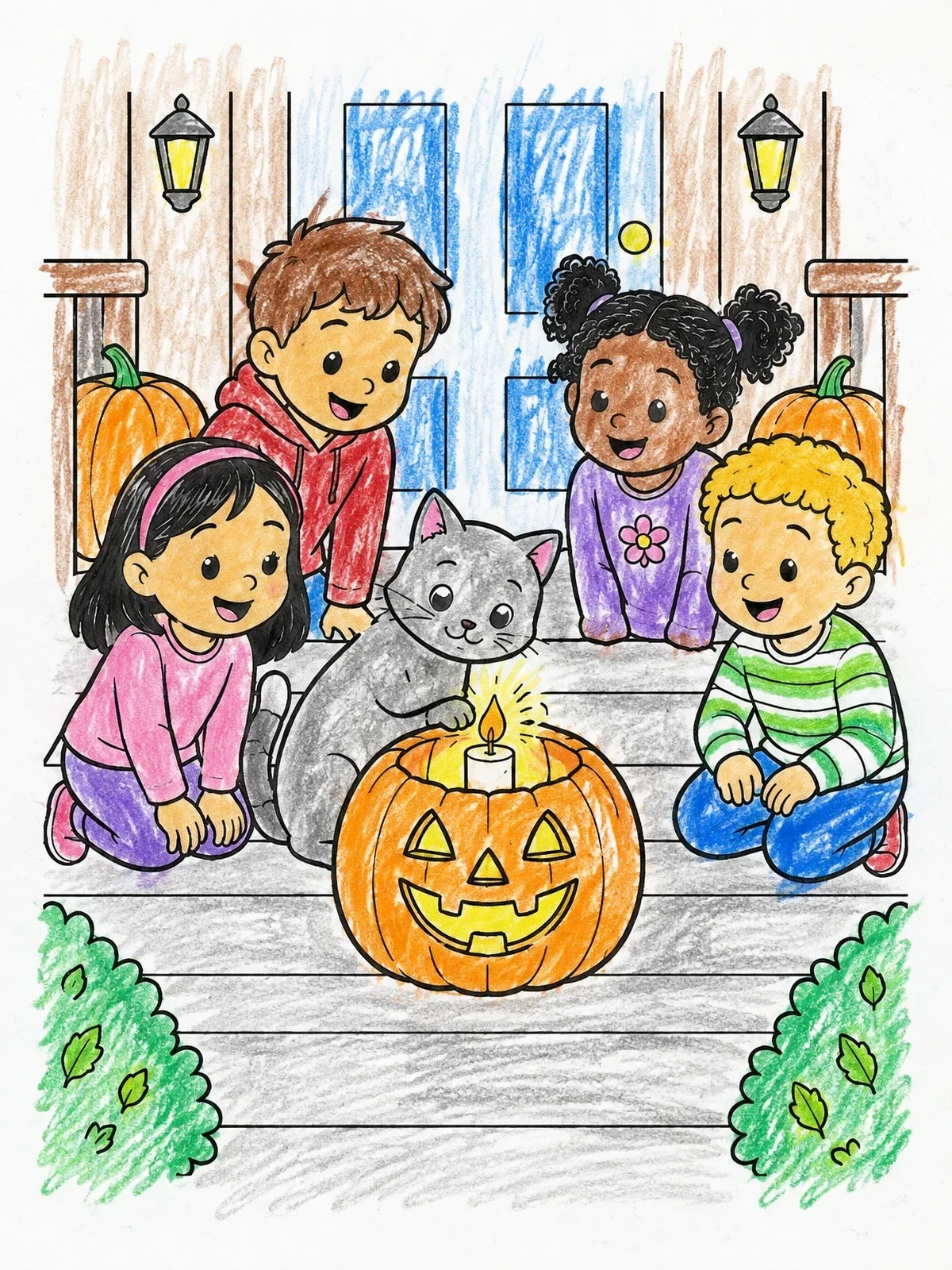 Colored example of the Cat And Kids Around Pumpkin coloring page