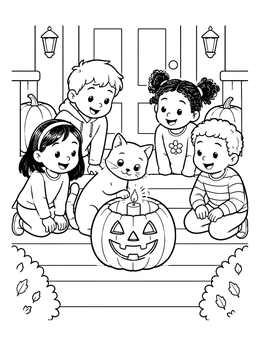 Children watch a curious pet in this halloween cat coloring page on front porch steps.