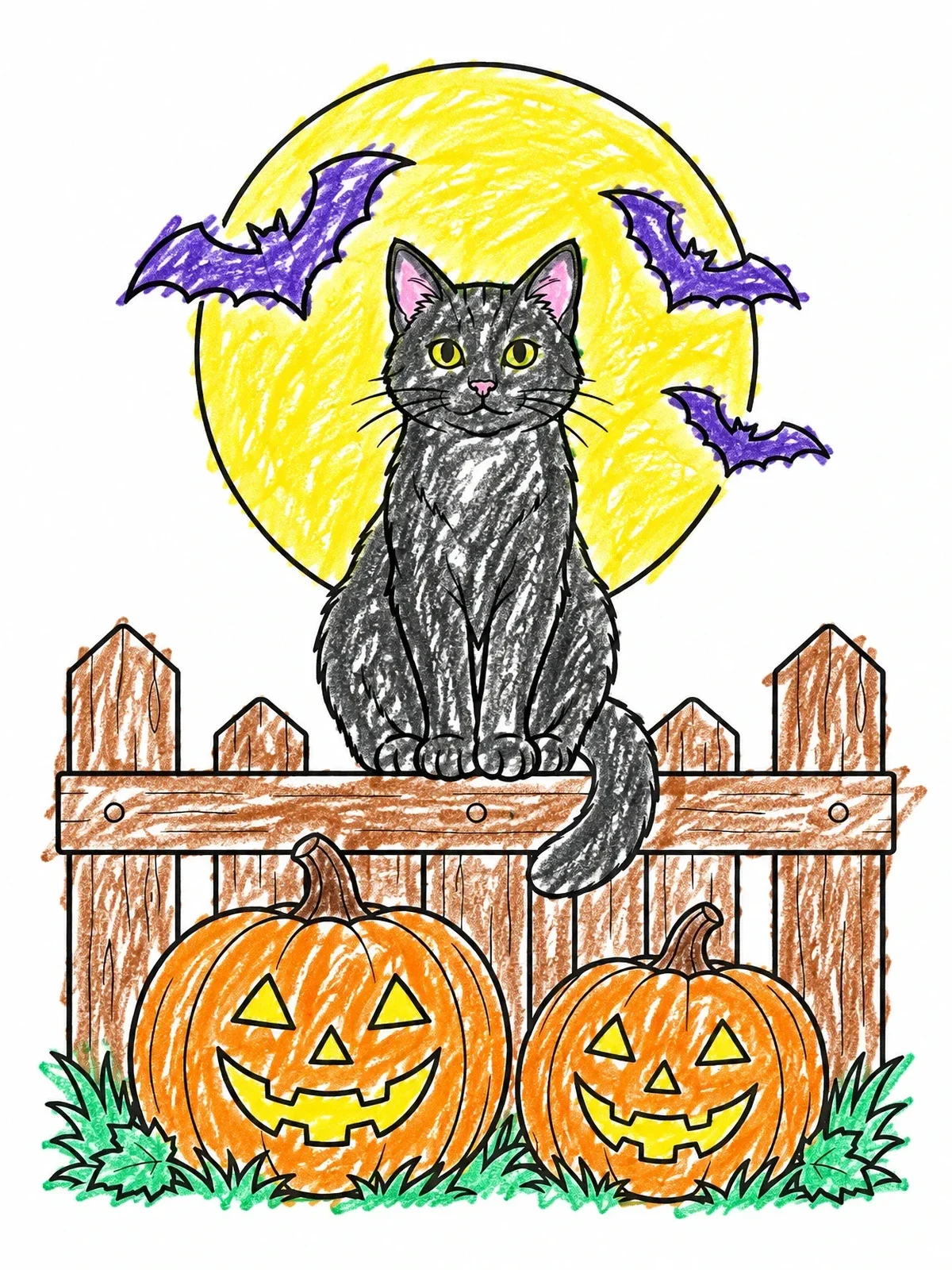 Colored example of the Cat On Fence With Pumpkins coloring page