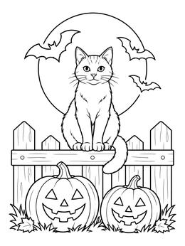 A halloween cat coloring page featuring a feline on a wooden fence near carved jack-o'-lanterns and bats.