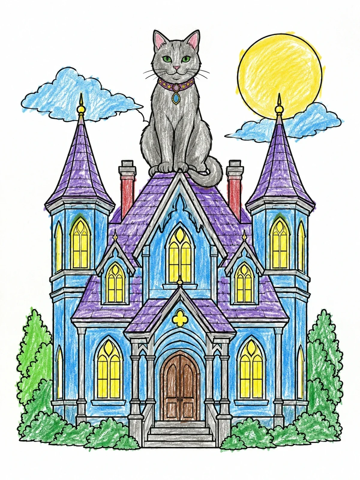 Colored example of the Cat On Gothic Mansion Roof coloring page