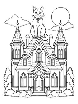 A halloween cat coloring page of a cat in a jeweled collar atop a spooky gothic mansion under a full moon.