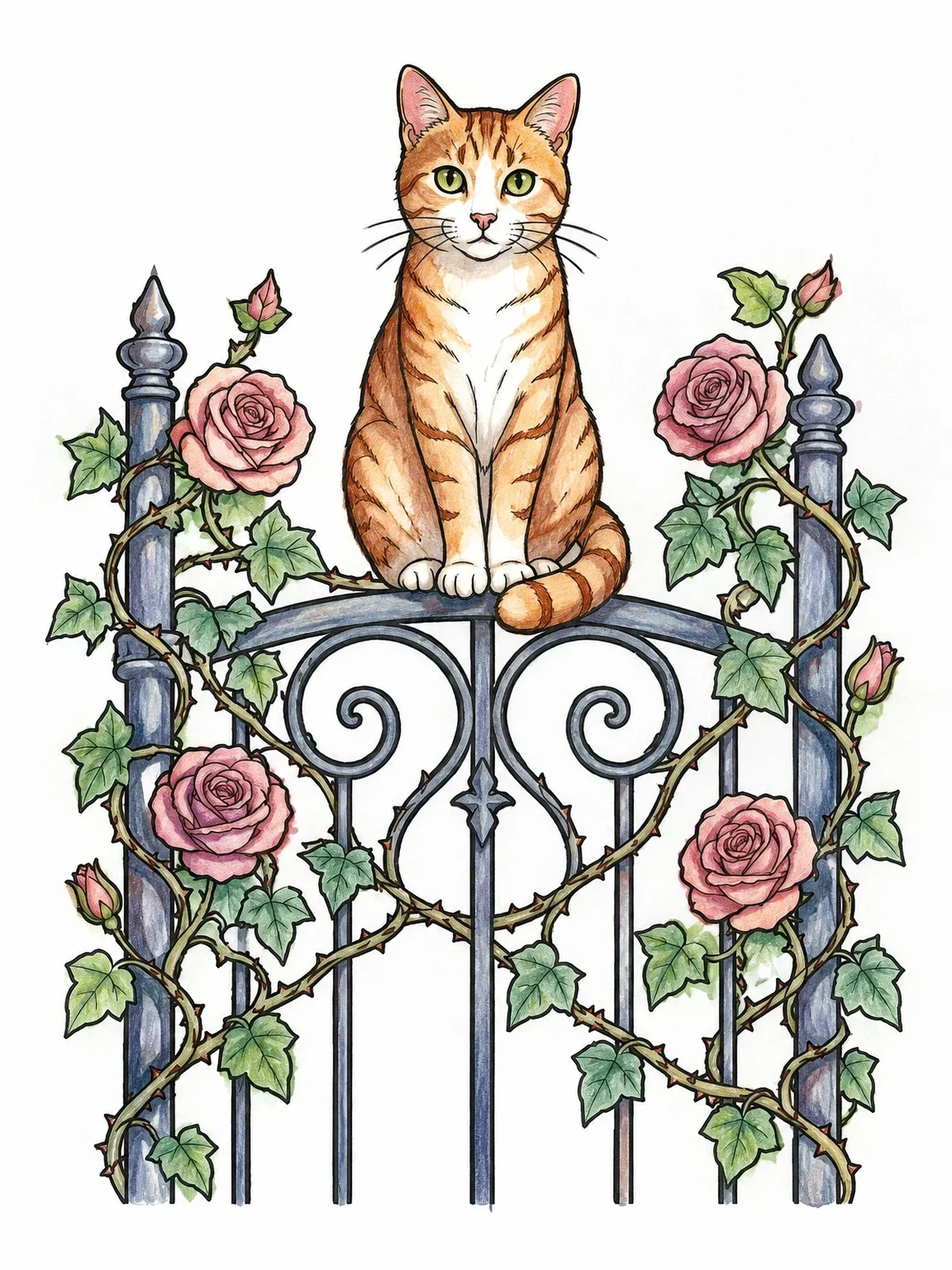 Colored example of the Cat On An Iron Garden Gate coloring page