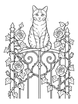 Detailed halloween cat coloring page of a tabby sitting atop an ornate gate with rose vines.
