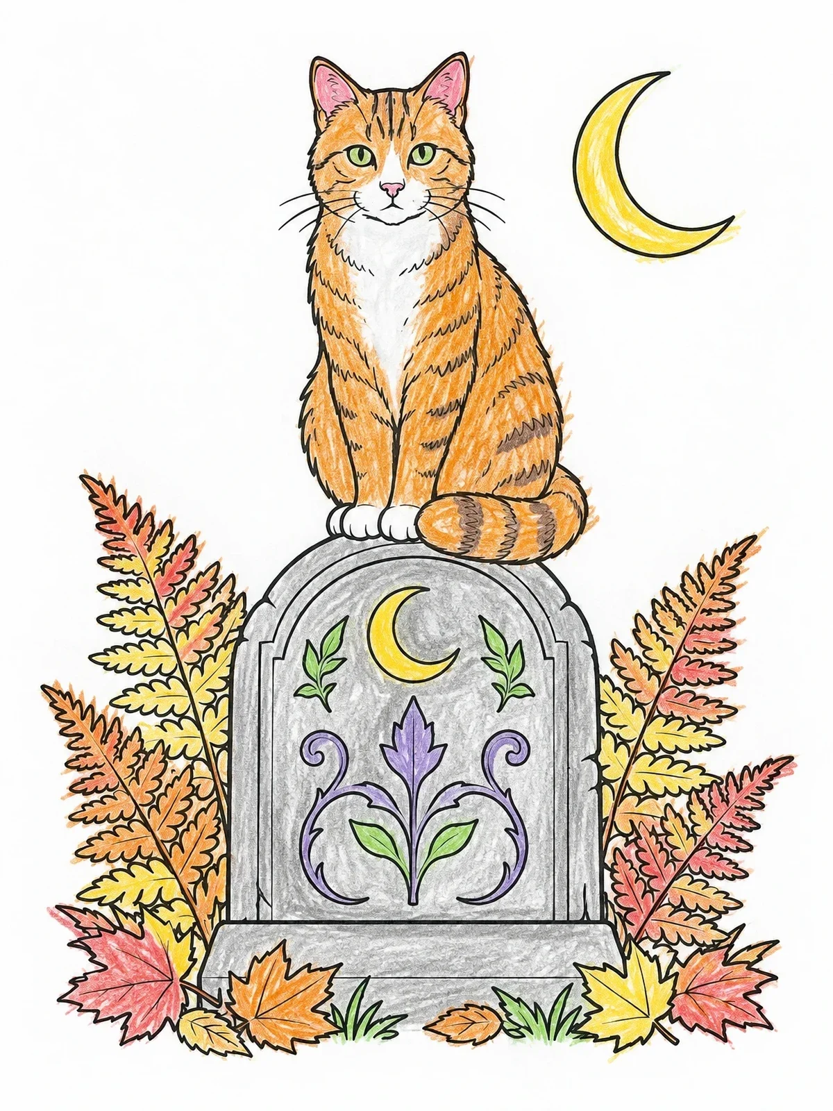 Colored example of the Cat Perched On Autumn Tombstone coloring page