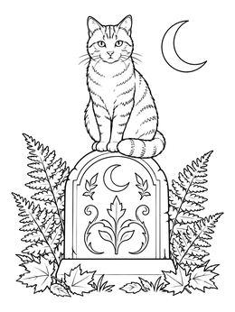 A striped feline sits atop a headstone in this halloween cat coloring page under a crescent moon.