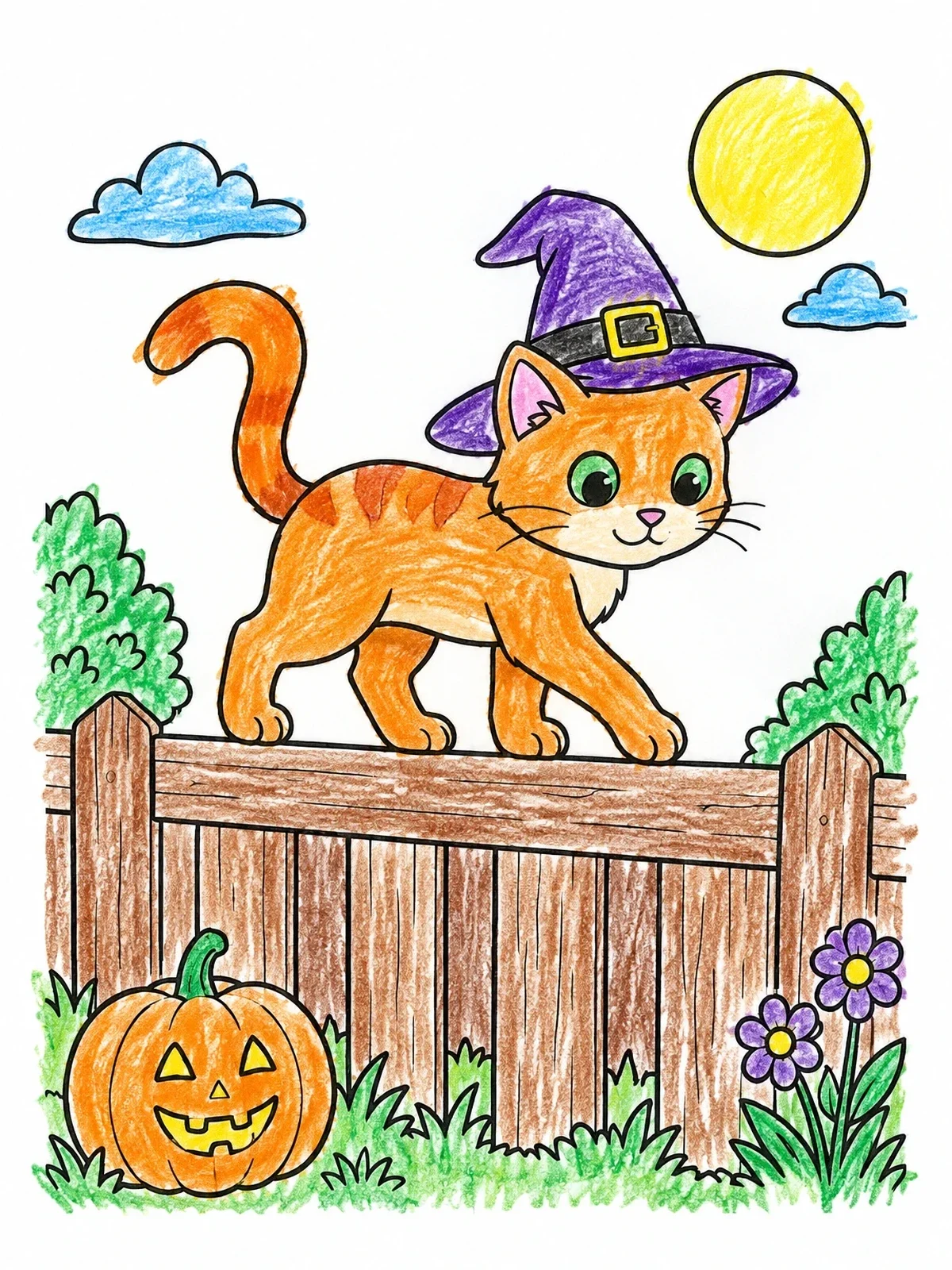 Colored example of the Cute Cat On Garden Fence coloring page