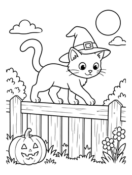 Free printable Cute Cat On Garden Fence coloring page