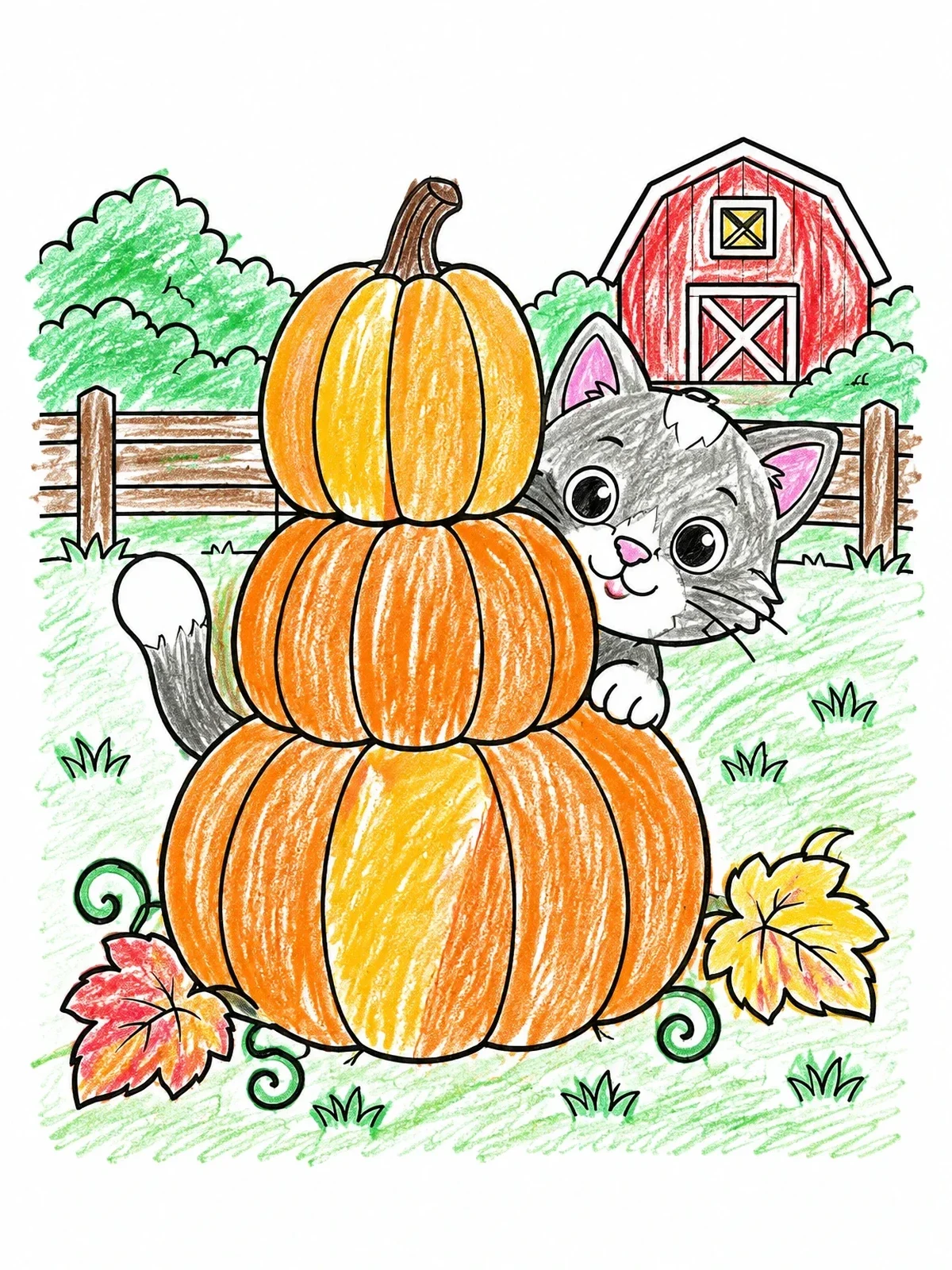 Colored example of the Cute Cat Behind Pumpkin Stack coloring page