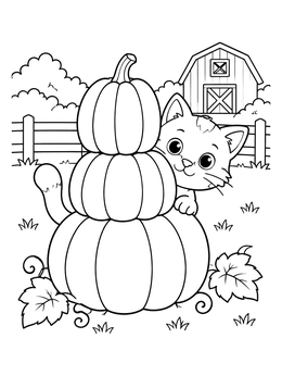 A playful kitten peeking from behind stacked pumpkins on this halloween cat coloring page.