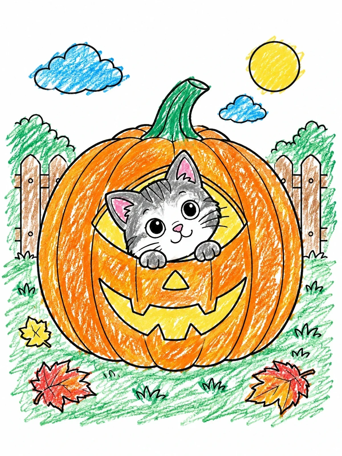 Colored example of the Cute Cat Inside Carved Pumpkin coloring page