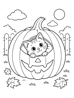 A sweet kitten peeks from a jack-o'-lantern on this halloween cat coloring page.