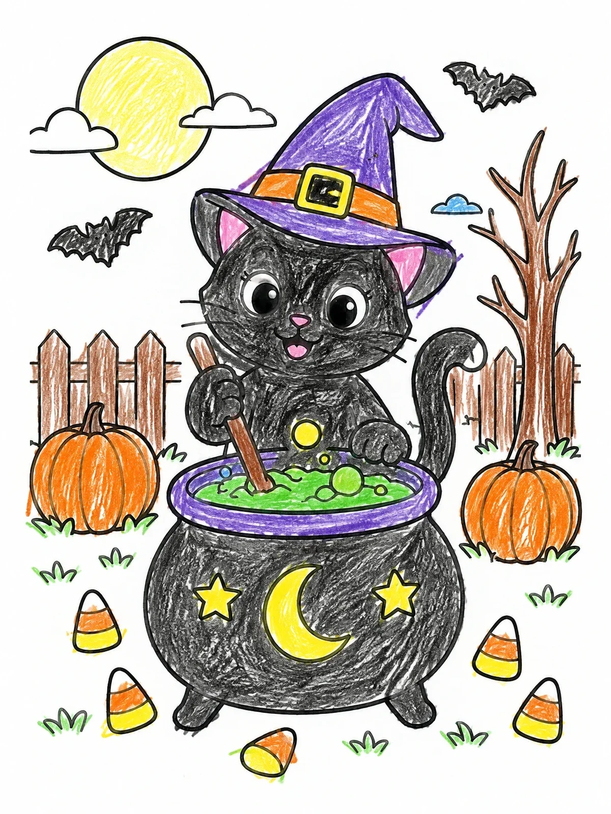 Colored example of the Cute Cat Stirring A Magic Cauldron coloring page