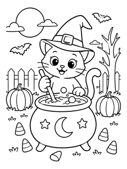 Free printable Cute Cat Stirring A Magic Cauldron coloring page