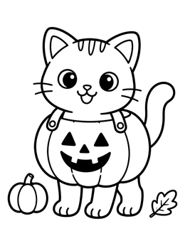 A cheerful halloween cat coloring page featuring a kitten dressed in a carved pumpkin outfit.