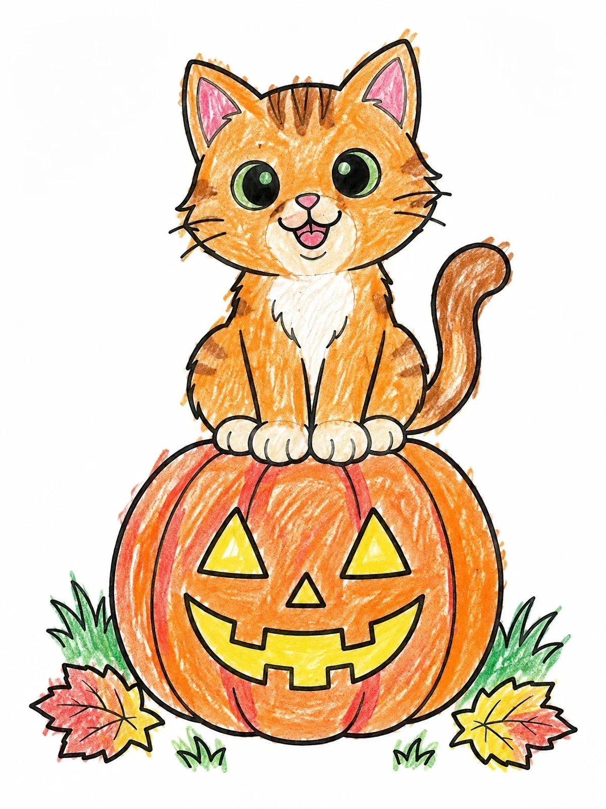 Colored example of the Cute Kitten On Carved Pumpkin coloring page