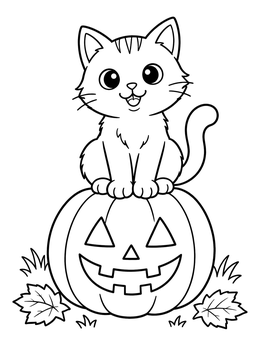 A cheerful kitten sits on a jack-o'-lantern in this halloween cat coloring page.