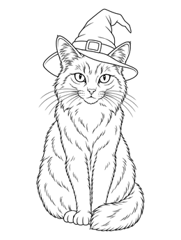 A fluffy halloween cat coloring page featuring a sitting feline wearing a buckle witch hat.