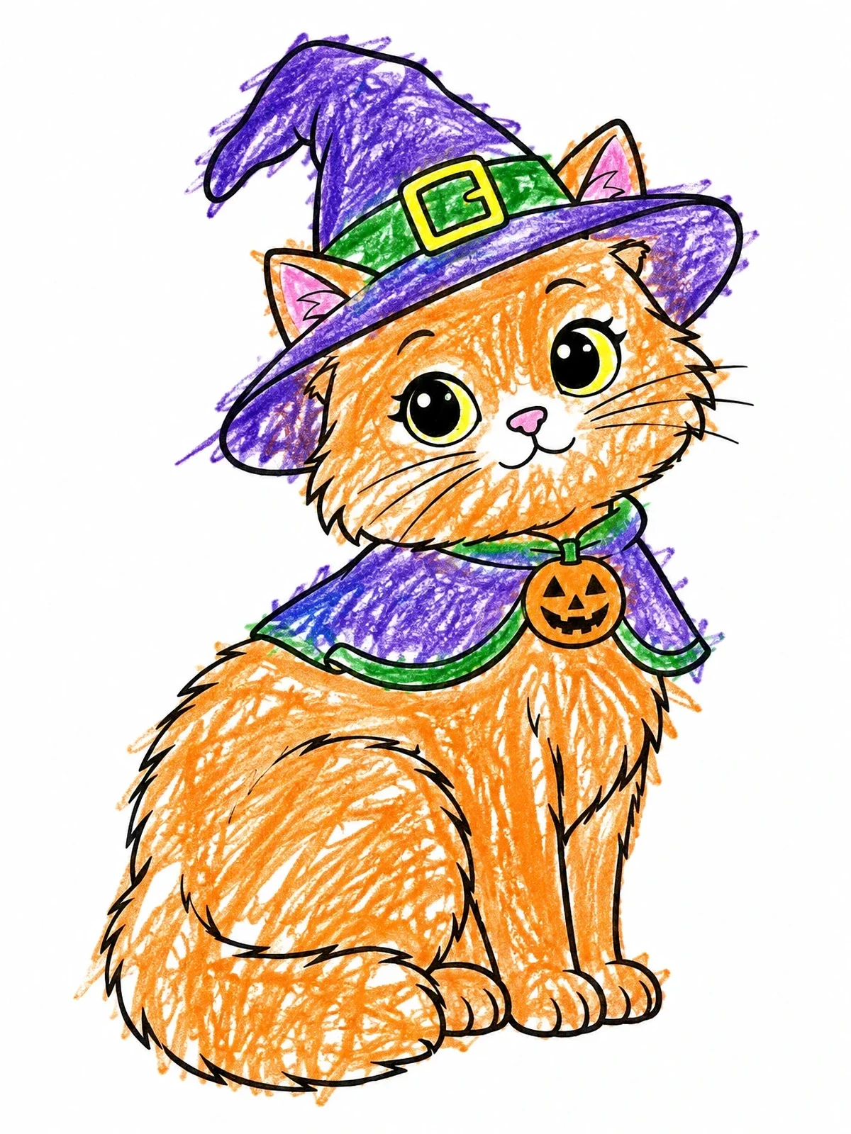 Colored example of the Fluffy Kitten In Witch Costume coloring page