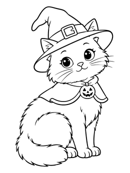A fluffy kitten in a witch hat on this cute halloween cat coloring page.