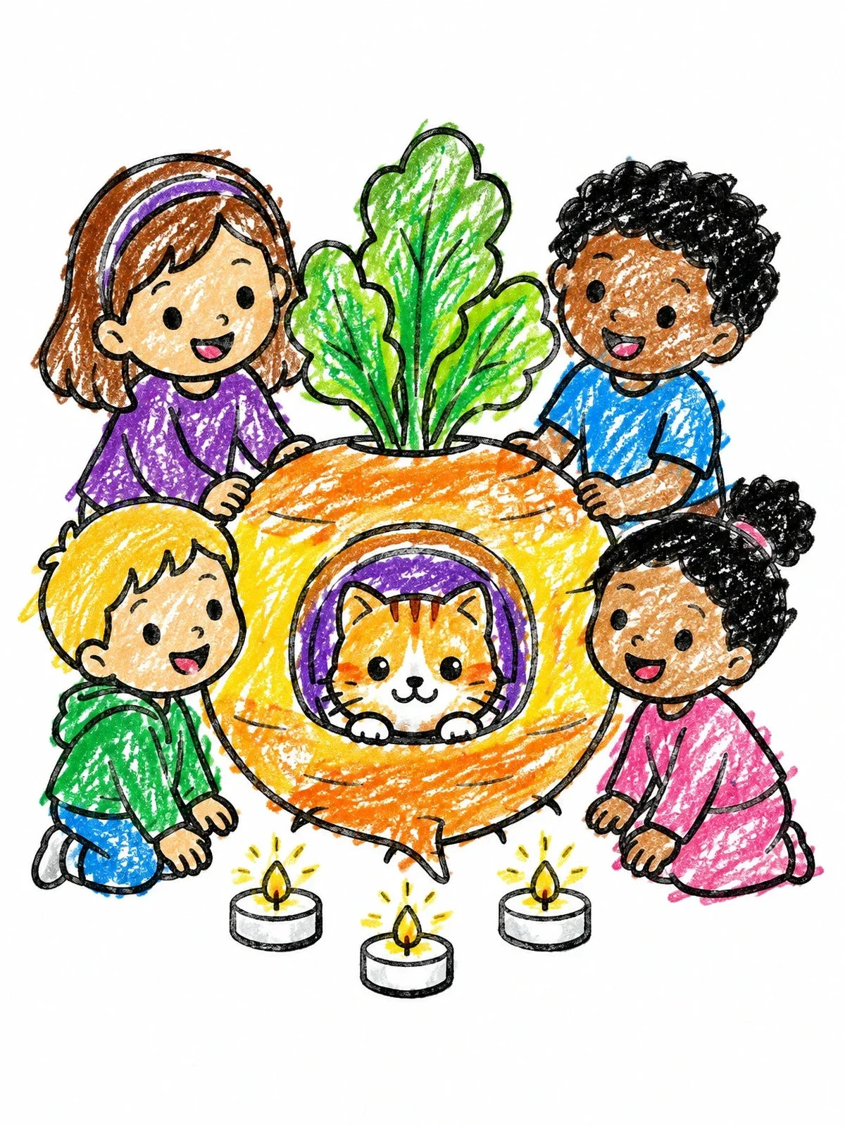 Colored example of the Children With Kitten In Turnip coloring page
