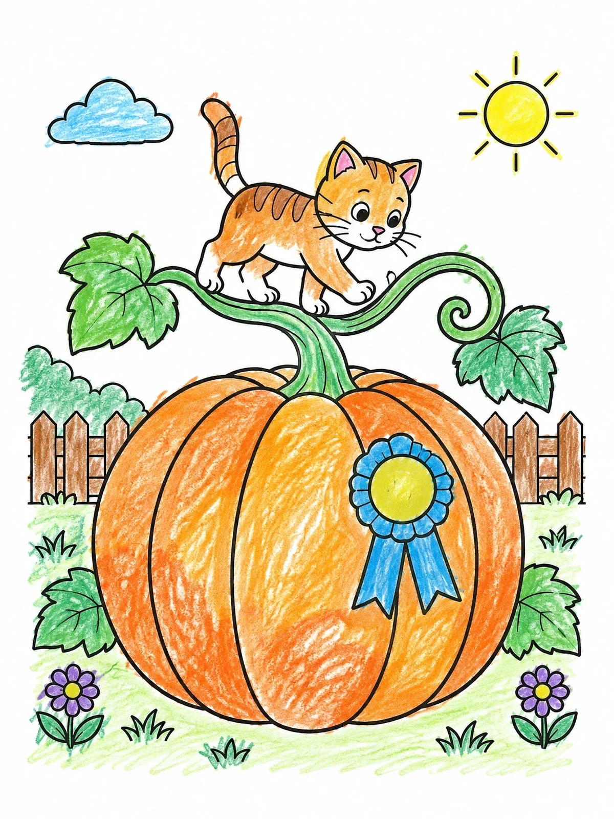 Colored example of the Kitten On A Giant Prize Pumpkin coloring page