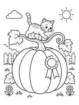 A playful kitten balances on a stem in this cute halloween cat coloring page with a giant prize pumpkin.