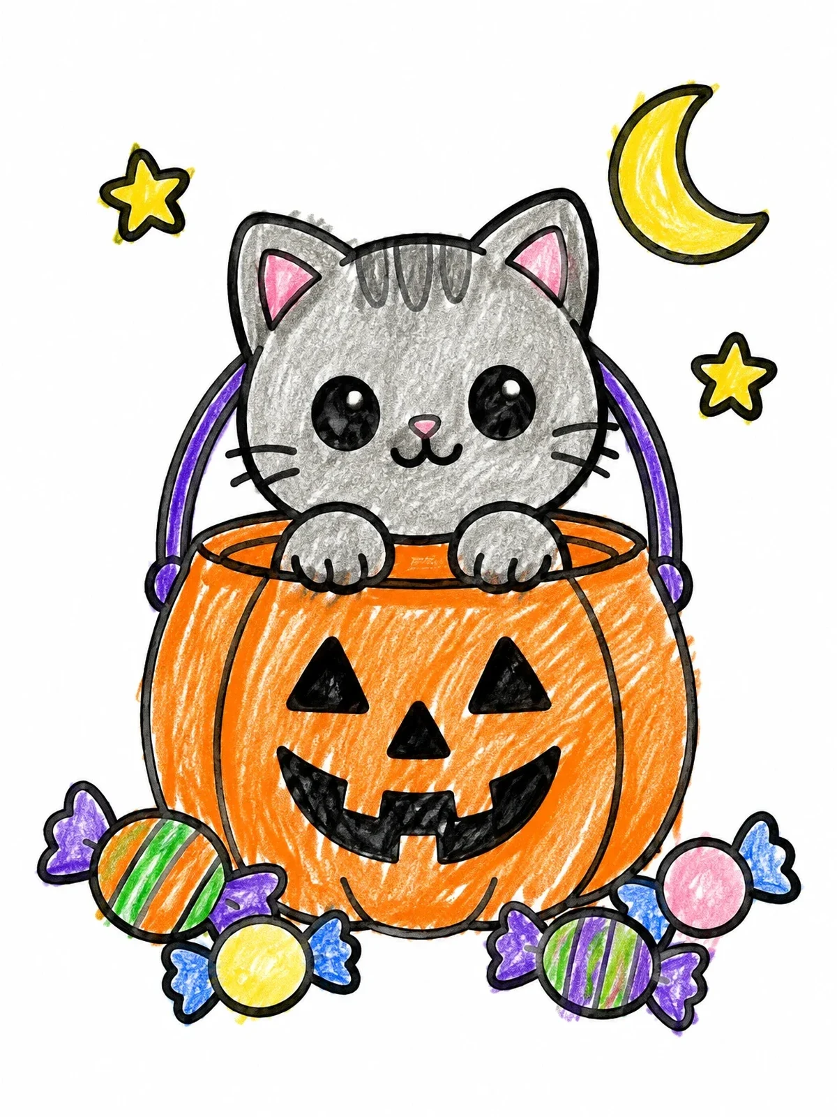 Colored example of the Kitten In A Pumpkin Pail coloring page