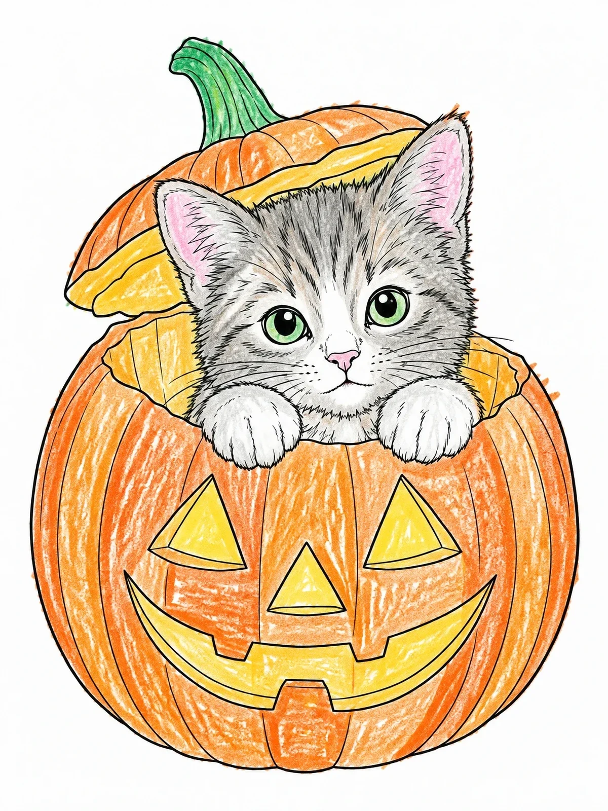 Colored example of the Kitten Peeking From Carved Pumpkin coloring page