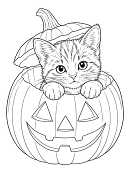 A fluffy kitten inside a jack-o'-lantern on this halloween cat coloring page.