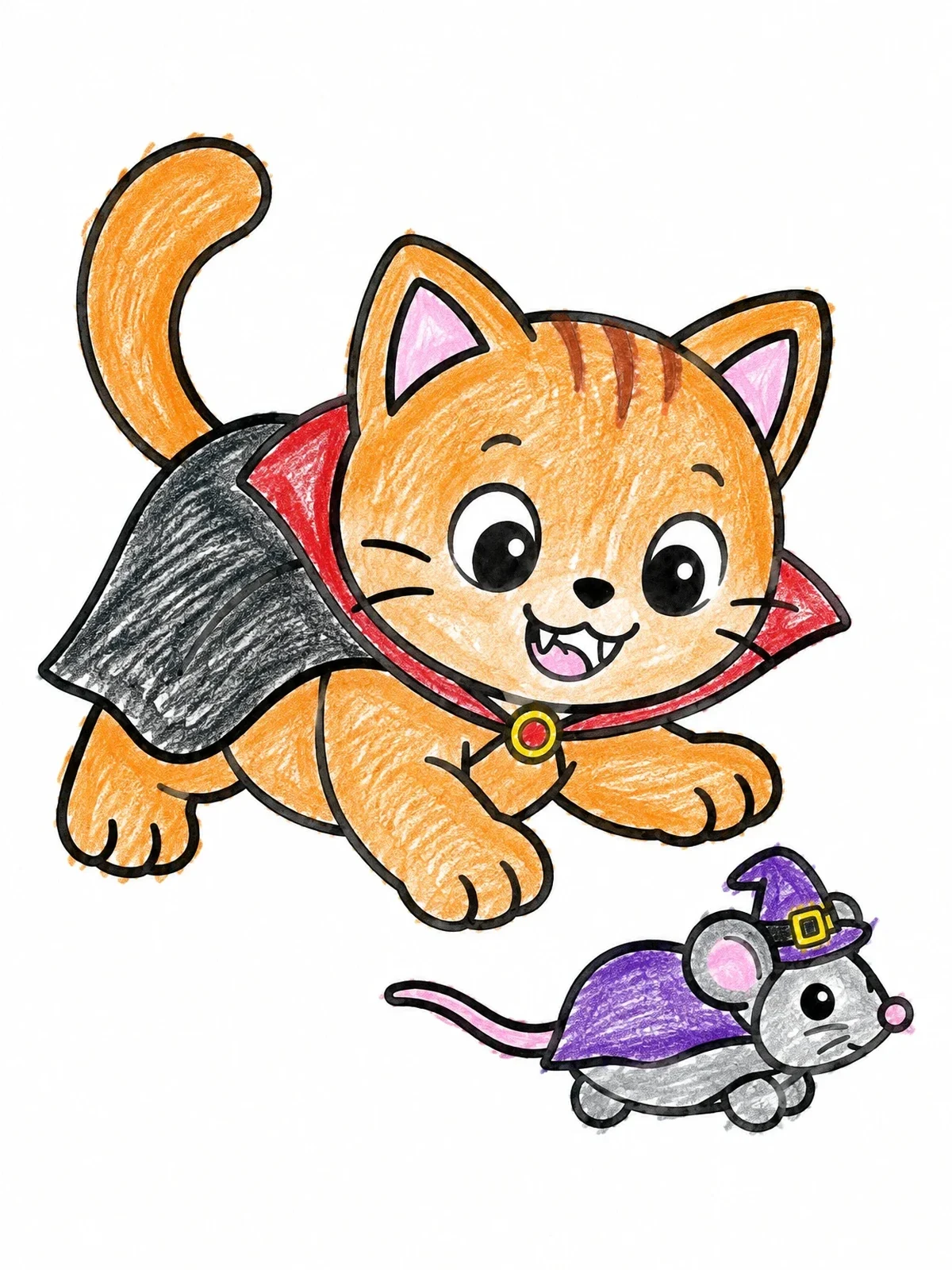 Colored example of the Kitten Vampire Chasing Witch Mouse coloring page