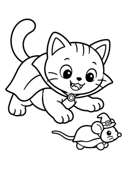 Free printable Kitten Vampire Chasing Witch Mouse coloring page