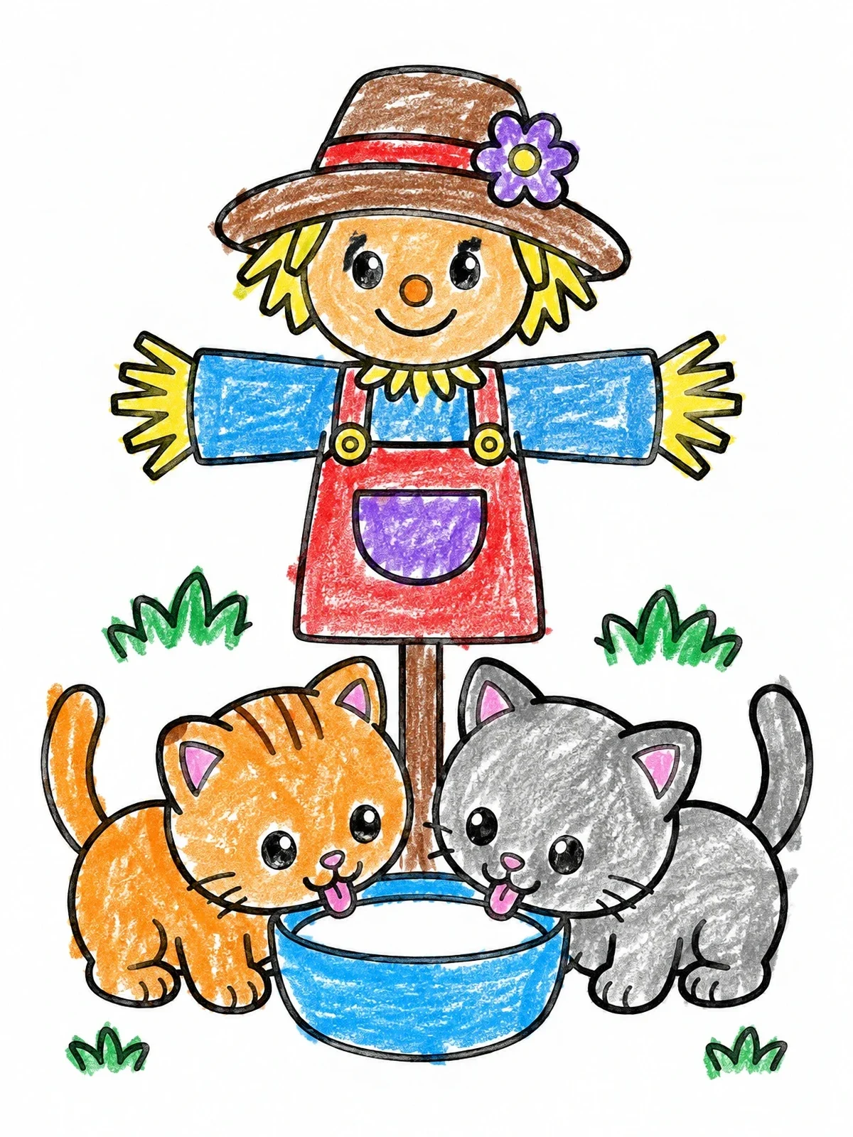 Colored example of the Kittens And Friendly Scarecrow coloring page