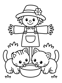 Free printable Kittens And Friendly Scarecrow coloring page