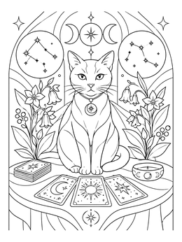 A mystical halloween cat coloring page with tarot cards, celestial symbols, and flowers.