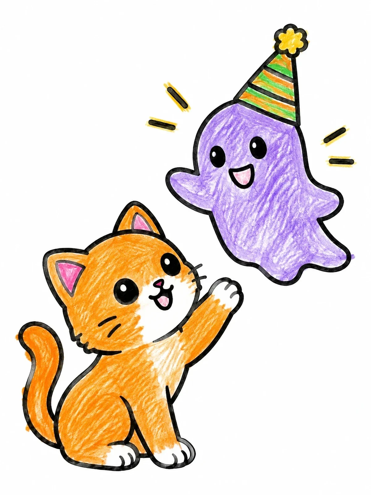 Colored example of the Playful Kitten And Friendly Ghost coloring page