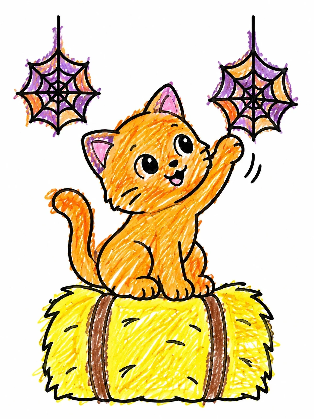 Colored example of the Kitten Playing With Spiderweb Decorations coloring page