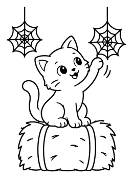 A playful kitten on a hay bale in this halloween cat coloring page.