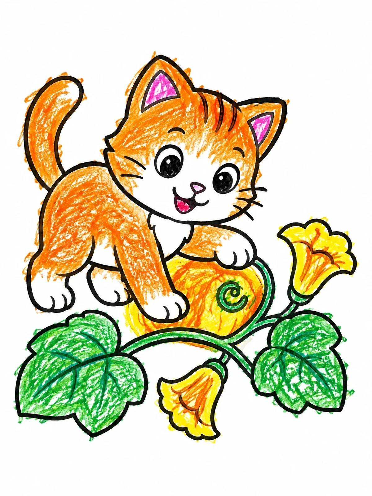 Colored example of the Playful Kitten With Squash Blossom Vine coloring page