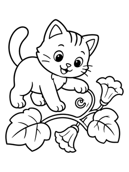 A playful kitten on a pumpkin vine featured in this halloween cat coloring page.