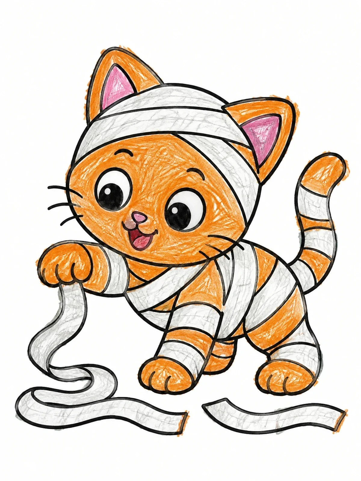 Colored example of the Playful Mummy Kitten With Gauze coloring page